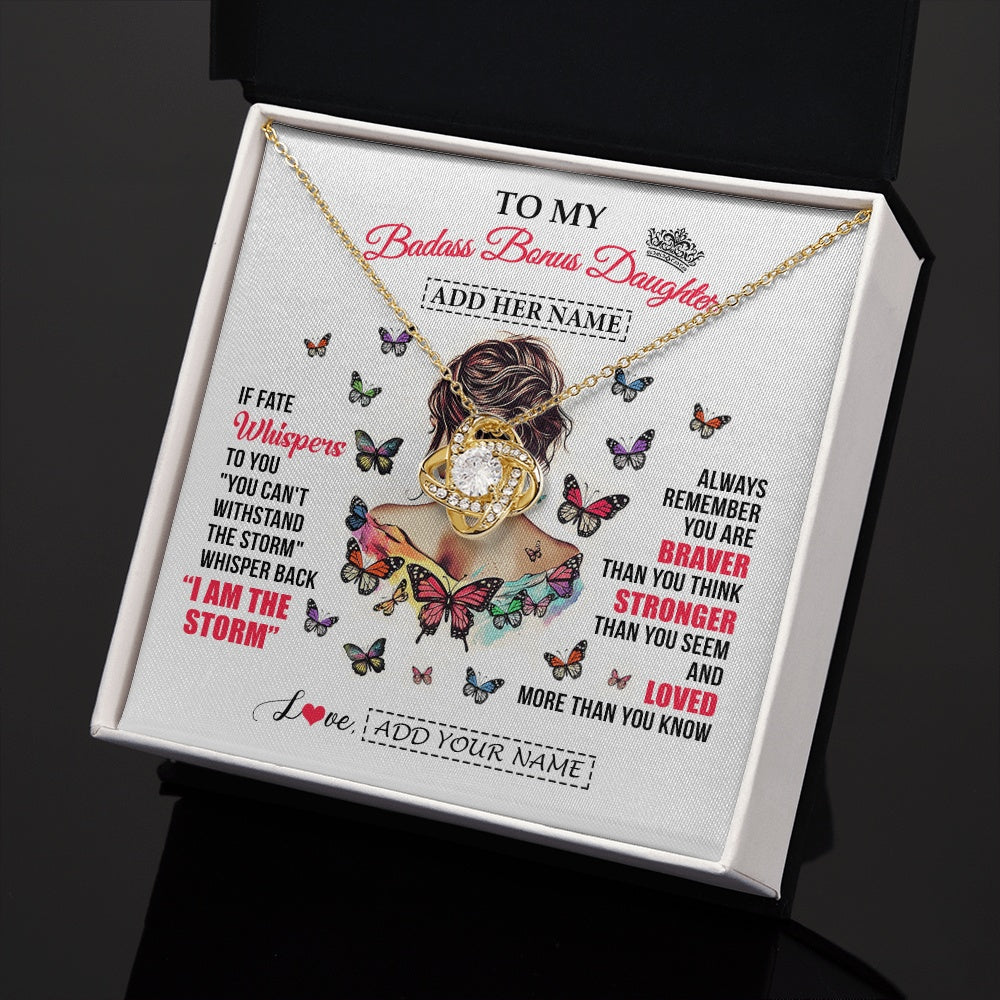 Love Knot Necklace 18K Yellow Gold Finish | 2 | Personalized To My Badass Bonus Daughter From Step Dad Step Mom Necklace I Am The Storm Stepdaughter Gifts Birthday Christmas Custom Gift Box Message Card | https://teecentury.