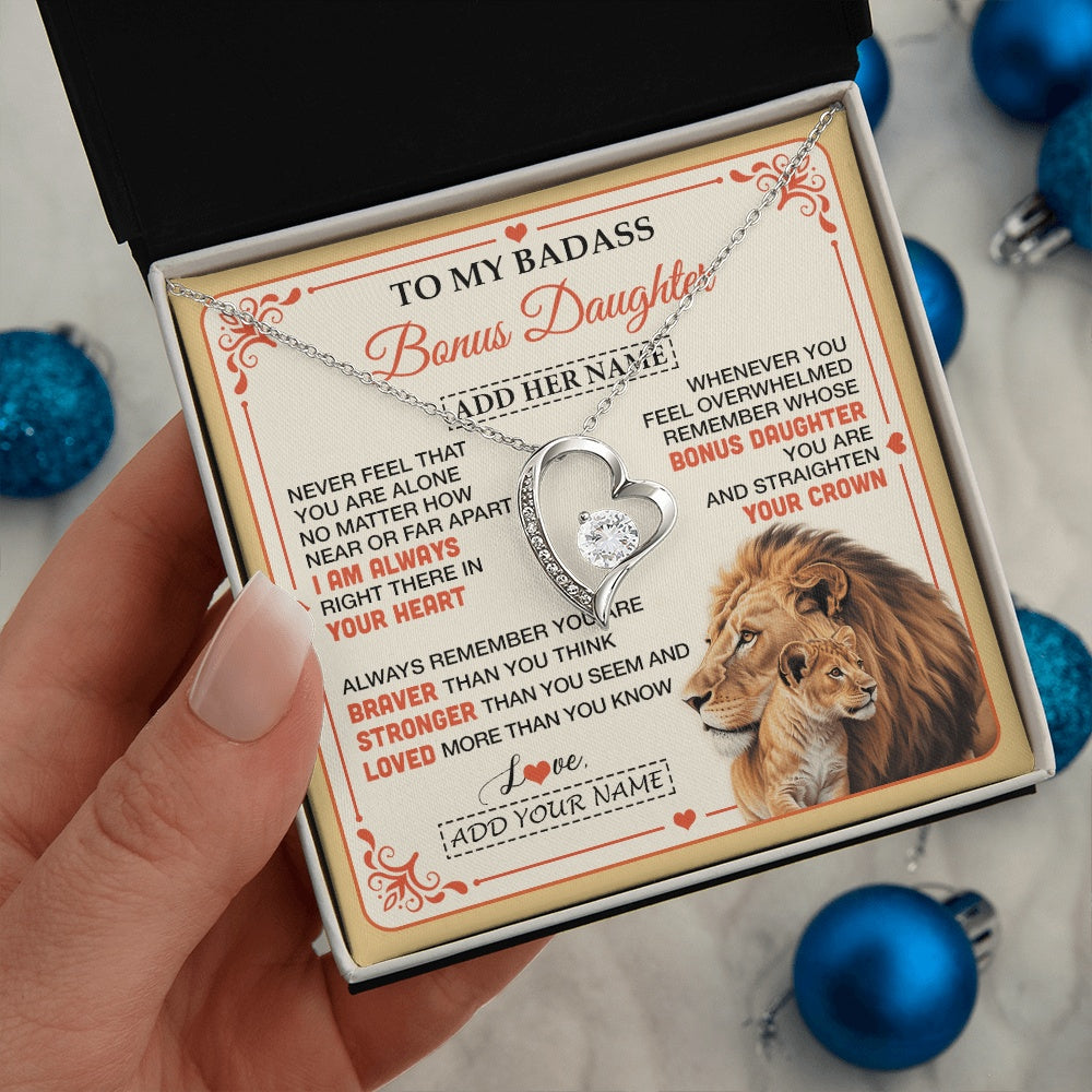 Forever Love Necklace 14K White Gold Finish | 2 | Personalized To My Badass Bonus Daughter Gifts From Stepmom Necklace Lion Jewelry Gifts Present Ideas For Stepdaughter Birthday Christmas Gift Box Message Card | https://teecentury.