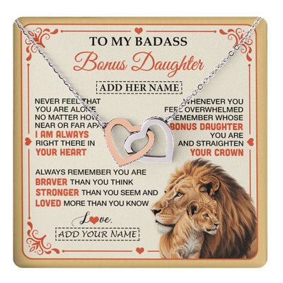 Interlocking Hearts Necklace Stainless Steel & Rose Gold Finish | 1 | Personalized To My Badass Bonus Daughter Gifts From Stepmom Necklace Lion Jewelry Gifts Present Ideas For Stepdaughter Birthday Christmas Gift Box Message Card | https://teecentury.