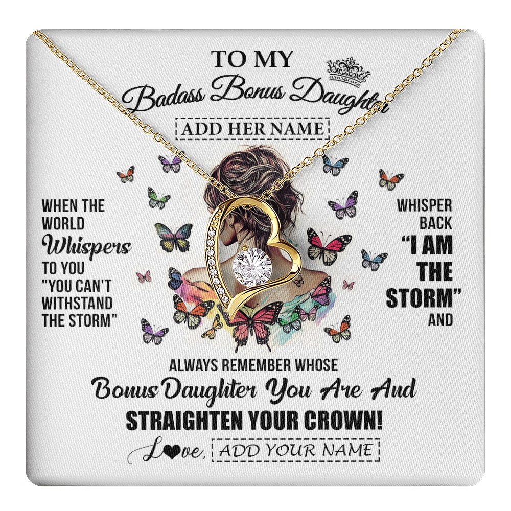 Forever Love Necklace 18K Yellow Gold Finish | 1 | Personalized To My Badass Bonus Daughter I Am The Storm Necklace From Stepdad Stepmom Beautiful Step Daughter Birthday Gifts Christmas Gift Box Message Card | https://teecentury.