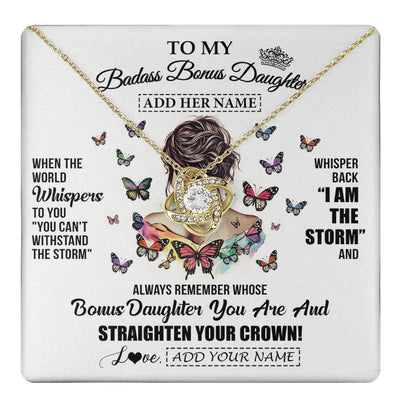 Love Knot Necklace 18K Yellow Gold Finish | 1 | Personalized To My Badass Bonus Daughter I Am The Storm Necklace From Stepdad Stepmom Beautiful Step Daughter Birthday Gifts Christmas Gift Box Message Card | https://teecentury.