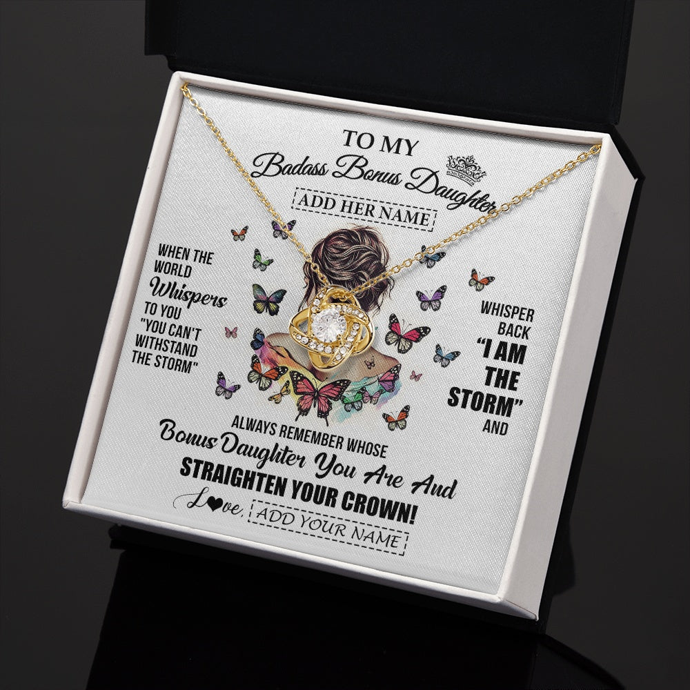 Love Knot Necklace 18K Yellow Gold Finish | 2 | Personalized To My Badass Bonus Daughter I Am The Storm Necklace From Stepdad Stepmom Beautiful Step Daughter Birthday Gifts Christmas Gift Box Message Card | https://teecentury.