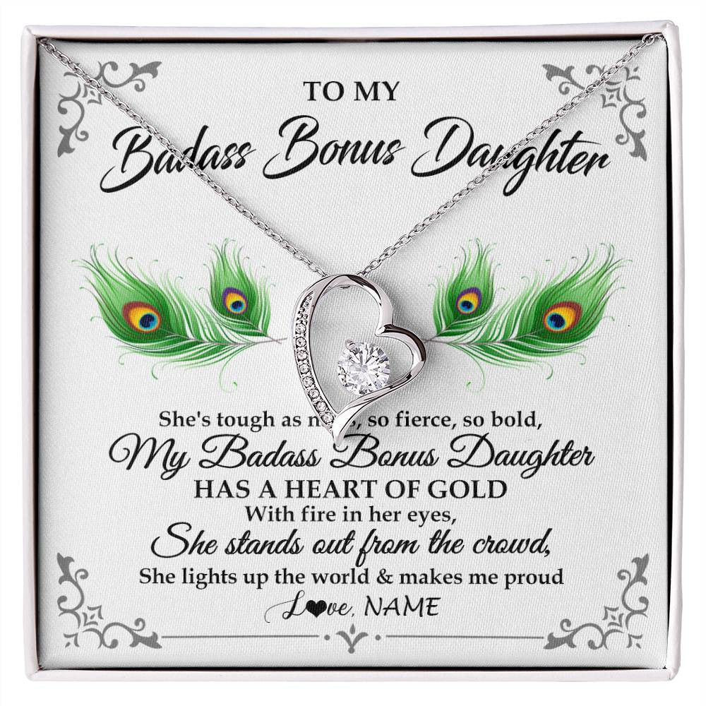 Forever Love Necklace 14K White Gold Finish | 1 | Personalized To My Badass Bonus Daughter Necklace From Bonus Mom Love You Always Bonus Daughter Birthday Graduation Christmas Customized Gift Box Message Card | teecentury