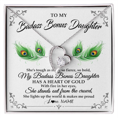 Forever Love Necklace 14K White Gold Finish | 1 | Personalized To My Badass Bonus Daughter Necklace From Bonus Mom Love You Always Bonus Daughter Birthday Graduation Christmas Customized Gift Box Message Card | teecentury