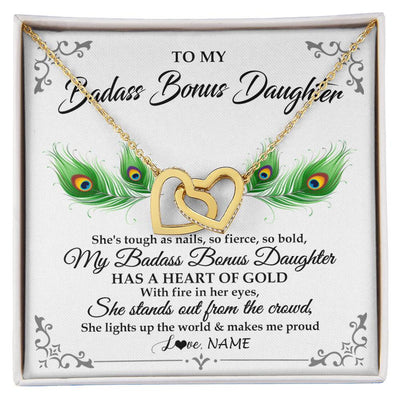 Interlocking Hearts Necklace 18K Yellow Gold Finish | 1 | Personalized To My Badass Bonus Daughter Necklace From Bonus Mom Love You Always Bonus Daughter Birthday Graduation Christmas Customized Gift Box Message Card | teecentury