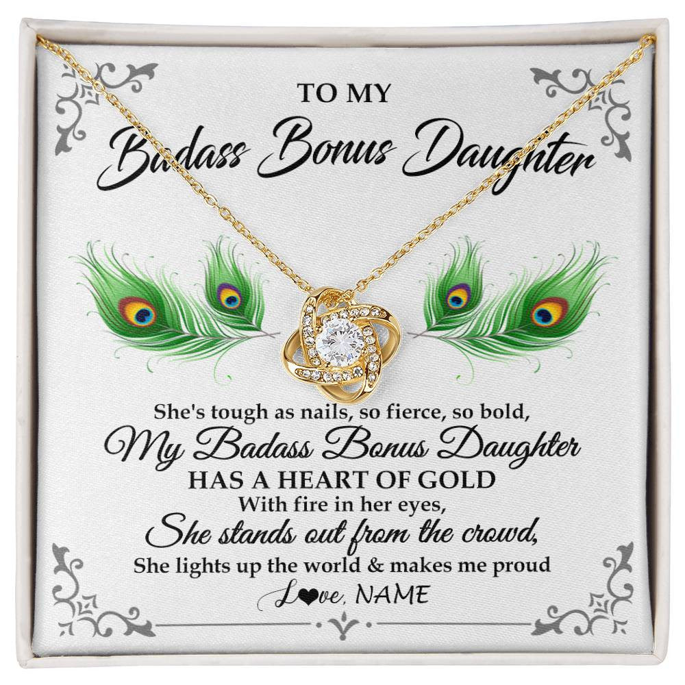 Love Knot Necklace 18K Yellow Gold Finish | 1 | Personalized To My Badass Bonus Daughter Necklace From Bonus Mom Love You Always Bonus Daughter Birthday Graduation Christmas Customized Gift Box Message Card | teecentury