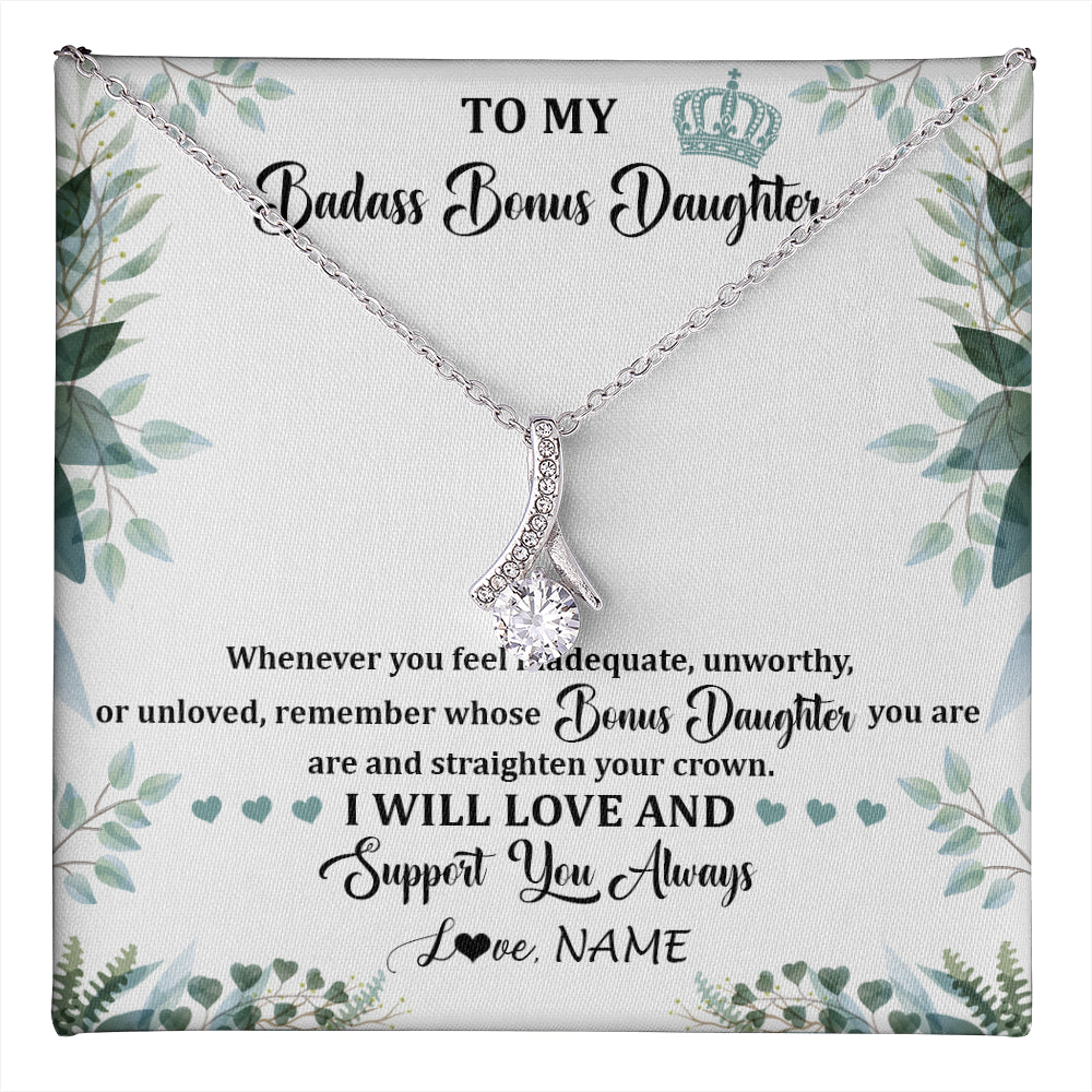 Alluring Beauty Necklace 14K White Gold Finish | 1 | Personalized To My Badass Bonus Daughter Necklace From Stepdad Mom Straighten Your Crown Stepddaughter Birthday Christmas Customized Gift Box Message Card | teecentury