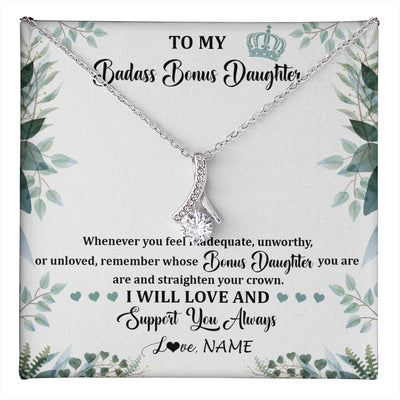 Alluring Beauty Necklace 14K White Gold Finish | 1 | Personalized To My Badass Bonus Daughter Necklace From Stepdad Mom Straighten Your Crown Stepddaughter Birthday Christmas Customized Gift Box Message Card | teecentury