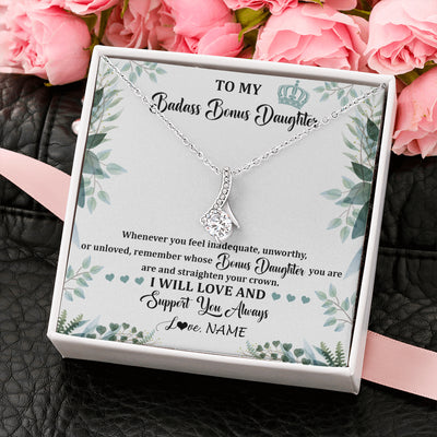 Alluring Beauty Necklace 14K White Gold Finish | 2 | Personalized To My Badass Bonus Daughter Necklace From Stepdad Mom Straighten Your Crown Stepddaughter Birthday Christmas Customized Gift Box Message Card | teecentury