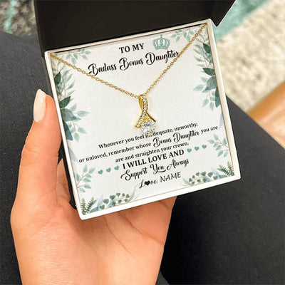 Alluring Beauty Necklace 18K Yellow Gold Finish | 2 | Personalized To My Badass Bonus Daughter Necklace From Stepdad Mom Straighten Your Crown Stepddaughter Birthday Christmas Customized Gift Box Message Card | teecentury