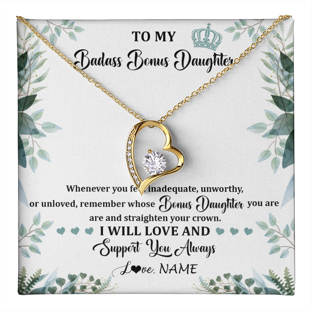 Forever Love Necklace 18K Yellow Gold Finish | 1 | Personalized To My Badass Bonus Daughter Necklace From Stepdad Mom Straighten Your Crown Stepddaughter Birthday Christmas Customized Gift Box Message Card | teecentury