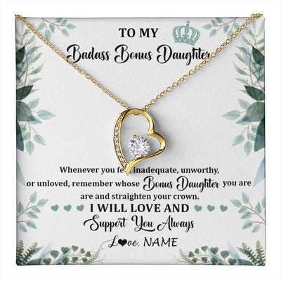 Forever Love Necklace 18K Yellow Gold Finish | 1 | Personalized To My Badass Bonus Daughter Necklace From Stepdad Mom Straighten Your Crown Stepddaughter Birthday Christmas Customized Gift Box Message Card | teecentury