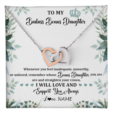 Interlocking Hearts Necklace Stainless Steel & Rose Gold Finish | 1 | Personalized To My Badass Bonus Daughter Necklace From Stepdad Mom Straighten Your Crown Stepddaughter Birthday Christmas Customized Gift Box Message Card | teecentury