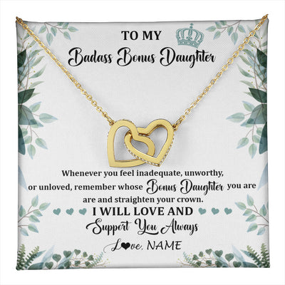 Interlocking Hearts Necklace 18K Yellow Gold Finish | 1 | Personalized To My Badass Bonus Daughter Necklace From Stepdad Mom Straighten Your Crown Stepddaughter Birthday Christmas Customized Gift Box Message Card | teecentury