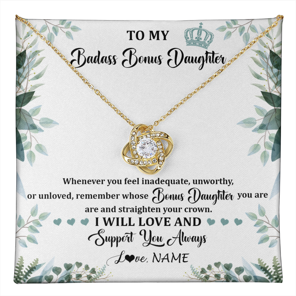 Love Knot Necklace 18K Yellow Gold Finish | 1 | Personalized To My Badass Bonus Daughter Necklace From Stepdad Mom Straighten Your Crown Stepddaughter Birthday Christmas Customized Gift Box Message Card | teecentury