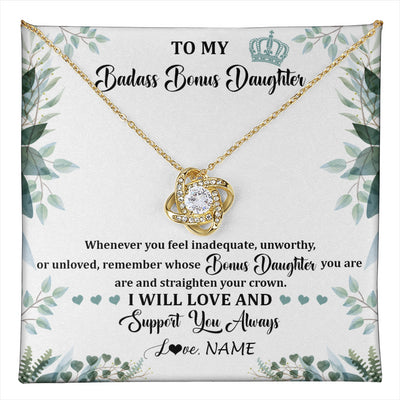 Love Knot Necklace 18K Yellow Gold Finish | 1 | Personalized To My Badass Bonus Daughter Necklace From Stepdad Mom Straighten Your Crown Stepddaughter Birthday Christmas Customized Gift Box Message Card | teecentury