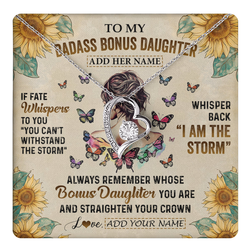 Forever Love Necklace 14K White Gold Finish | 1 | Personalized To My Badass Bonus Daughter Necklace From Stepdad Stepmom I Am The Storm Stepdaughter Gifts Birthday Christmas Customized Gift Box Message Card | teecentury