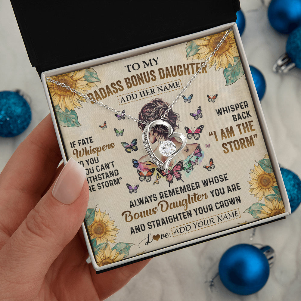 Forever Love Necklace 14K White Gold Finish | 2 | Personalized To My Badass Bonus Daughter Necklace From Stepdad Stepmom I Am The Storm Stepdaughter Gifts Birthday Christmas Customized Gift Box Message Card | teecentury