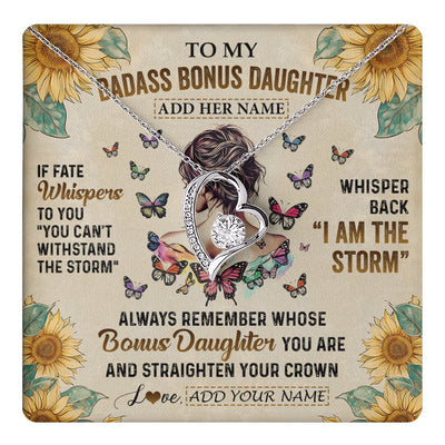 Forever Love Necklace 14K White Gold Finish | 1 | Personalized To My Badass Bonus Daughter Necklace From Stepdad Stepmom I Am The Storm Stepdaughter Gifts Birthday Christmas Customized Gift Box Message Card | teecentury