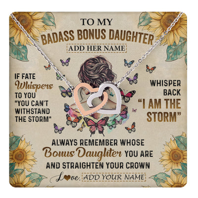 Interlocking Hearts Necklace Stainless Steel & Rose Gold Finish | 1 | Personalized To My Badass Bonus Daughter Necklace From Stepdad Stepmom I Am The Storm Stepdaughter Gifts Birthday Christmas Customized Gift Box Message Card | teecentury