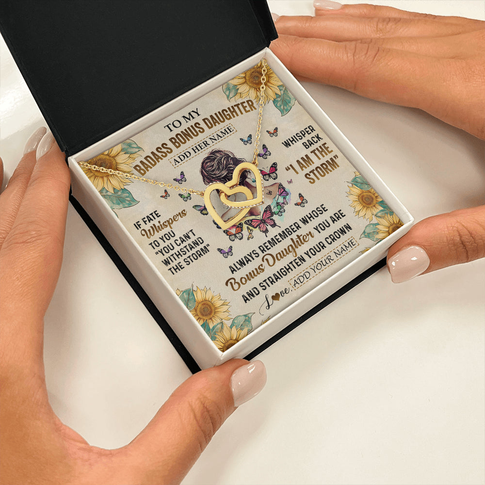 Interlocking Hearts Necklace 18K Yellow Gold Finish | 2 | Personalized To My Badass Bonus Daughter Necklace From Stepdad Stepmom I Am The Storm Stepdaughter Gifts Birthday Christmas Customized Gift Box Message Card | teecentury