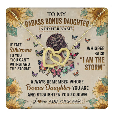 Interlocking Hearts Necklace 18K Yellow Gold Finish | 1 | Personalized To My Badass Bonus Daughter Necklace From Stepdad Stepmom I Am The Storm Stepdaughter Gifts Birthday Christmas Customized Gift Box Message Card | teecentury