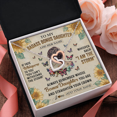 Interlocking Hearts Necklace Stainless Steel & Rose Gold Finish | 2 | Personalized To My Badass Bonus Daughter Necklace From Stepdad Stepmom I Am The Storm Stepdaughter Gifts Birthday Christmas Customized Gift Box Message Card | teecentury