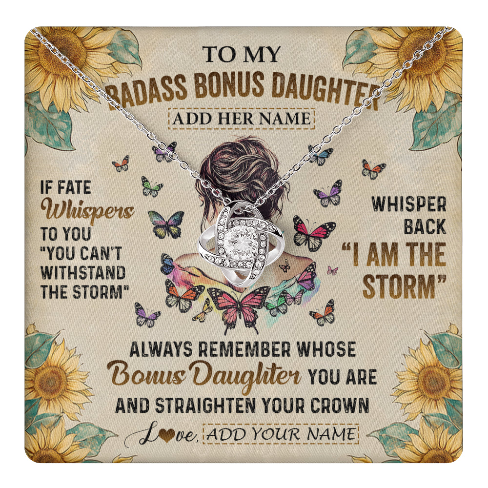 Love Knot Necklace 14K White Gold Finish | 1 | Personalized To My Badass Bonus Daughter Necklace From Stepdad Stepmom I Am The Storm Stepdaughter Gifts Birthday Christmas Customized Gift Box Message Card | teecentury