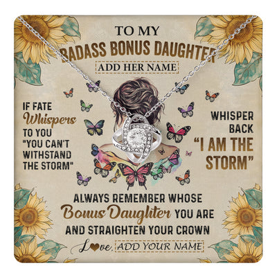 Love Knot Necklace 14K White Gold Finish | 1 | Personalized To My Badass Bonus Daughter Necklace From Stepdad Stepmom I Am The Storm Stepdaughter Gifts Birthday Christmas Customized Gift Box Message Card | teecentury