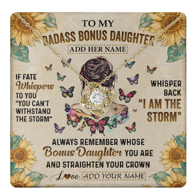 Love Knot Necklace 18K Yellow Gold Finish | 1 | Personalized To My Badass Bonus Daughter Necklace From Stepdad Stepmom I Am The Storm Stepdaughter Gifts Birthday Christmas Customized Gift Box Message Card | teecentury