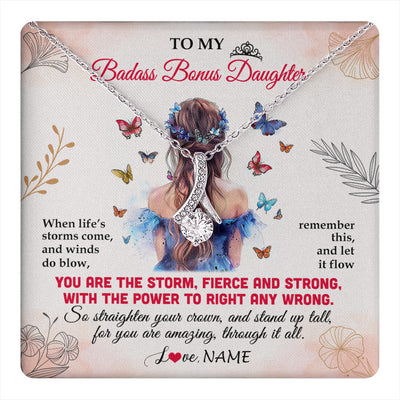 Alluring Beauty Necklace 14K White Gold Finish | 1 | Personalized To My Badass Bonus Daughter Necklace From Stepmom Bonus Dad Floral Butterfly Stepdaughter Birthday Christmas Customized Gift Box Message Card | teecentury