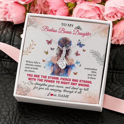 Alluring Beauty Necklace 14K White Gold Finish | 2 | Personalized To My Badass Bonus Daughter Necklace From Stepmom Bonus Dad Floral Butterfly Stepdaughter Birthday Christmas Customized Gift Box Message Card | teecentury