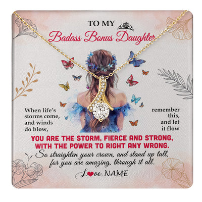 Alluring Beauty Necklace 18K Yellow Gold Finish | 1 | Personalized To My Badass Bonus Daughter Necklace From Stepmom Bonus Dad Floral Butterfly Stepdaughter Birthday Christmas Customized Gift Box Message Card | teecentury