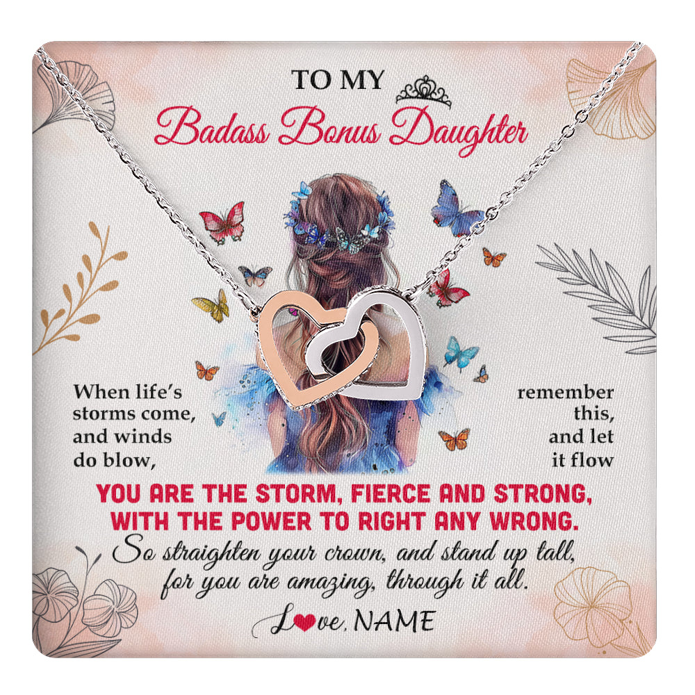 Interlocking Hearts Necklace Stainless Steel & Rose Gold Finish | 1 | Personalized To My Badass Bonus Daughter Necklace From Stepmom Bonus Dad Floral Butterfly Stepdaughter Birthday Christmas Customized Gift Box Message Card | teecentury