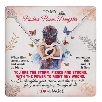 Interlocking Hearts Necklace Stainless Steel & Rose Gold Finish | 1 | Personalized To My Badass Bonus Daughter Necklace From Stepmom Bonus Dad Floral Butterfly Stepdaughter Birthday Christmas Customized Gift Box Message Card | teecentury