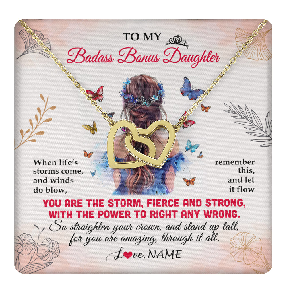 Interlocking Hearts Necklace 18K Yellow Gold Finish | 1 | Personalized To My Badass Bonus Daughter Necklace From Stepmom Bonus Dad Floral Butterfly Stepdaughter Birthday Christmas Customized Gift Box Message Card | teecentury