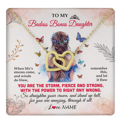 Interlocking Hearts Necklace 18K Yellow Gold Finish | 1 | Personalized To My Badass Bonus Daughter Necklace From Stepmom Bonus Dad Floral Butterfly Stepdaughter Birthday Christmas Customized Gift Box Message Card | teecentury