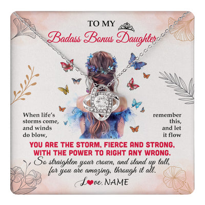 Love Knot Necklace 14K White Gold Finish | 1 | Personalized To My Badass Bonus Daughter Necklace From Stepmom Bonus Dad Floral Butterfly Stepdaughter Birthday Christmas Customized Gift Box Message Card | teecentury