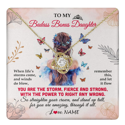 Love Knot Necklace 18K Yellow Gold Finish | 1 | Personalized To My Badass Bonus Daughter Necklace From Stepmom Bonus Dad Floral Butterfly Stepdaughter Birthday Christmas Customized Gift Box Message Card | teecentury