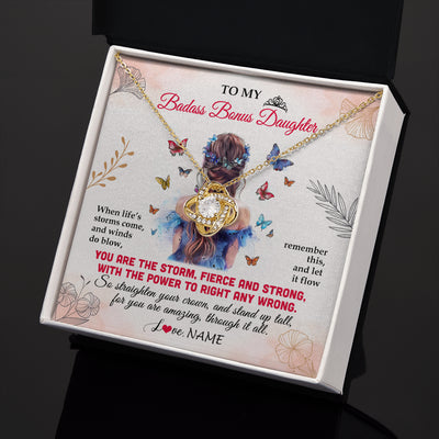 Love Knot Necklace 18K Yellow Gold Finish | 2 | Personalized To My Badass Bonus Daughter Necklace From Stepmom Bonus Dad Floral Butterfly Stepdaughter Birthday Christmas Customized Gift Box Message Card | teecentury