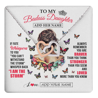 Interlocking Hearts Necklace Stainless Steel & Rose Gold Finish | 1 | Personalized To My Badass Daughter From Dad Mom Father Necklace I Am The Storm Daughter Gifts Birthday Graduation Christmas Custom Gift Box Message Card | https://teecentury.