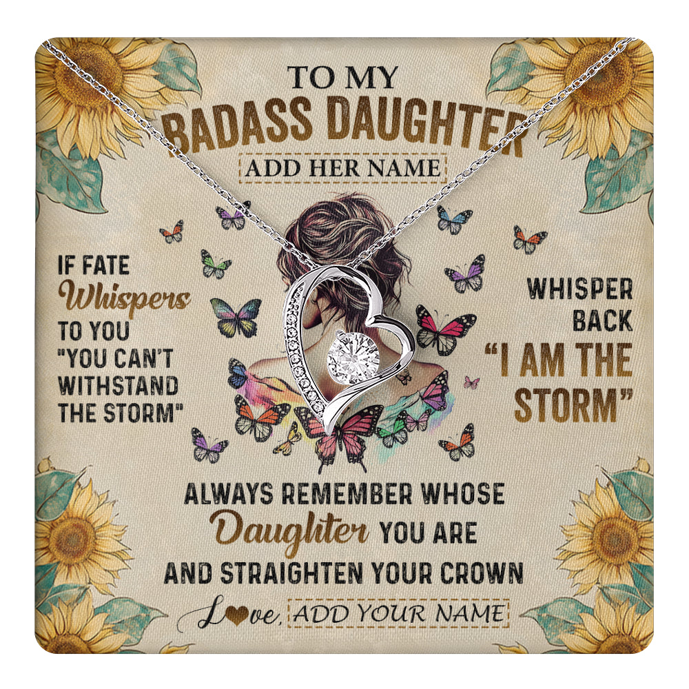 Forever Love Necklace 14K White Gold Finish | 1 | Personalized To My Badass Daughter Necklace From Dad Mom Father I Am The Storm Daughter Gifts Birthday Graduation Christmas Customized Gift Box Message Card | teecentury