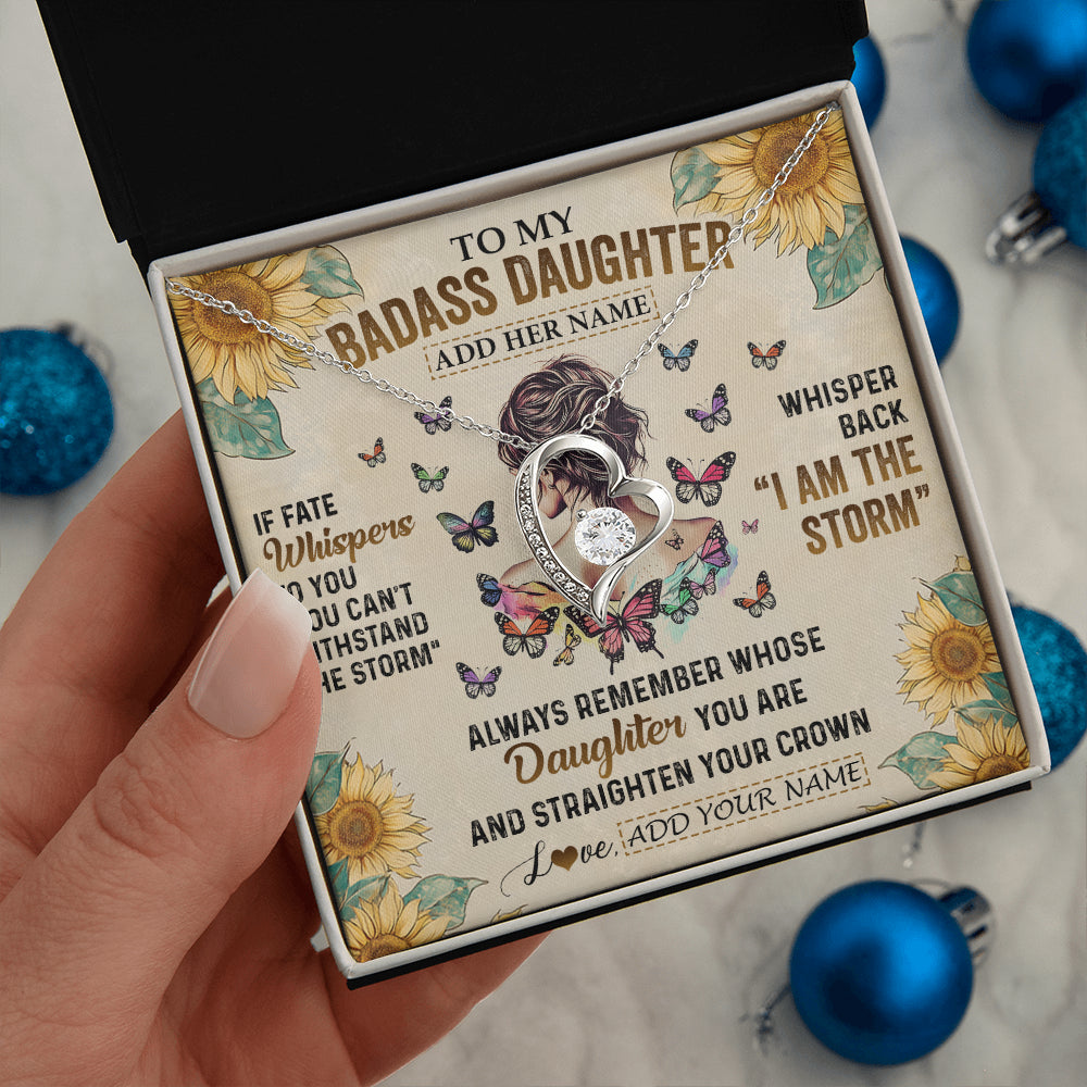 Forever Love Necklace 14K White Gold Finish | 2 | Personalized To My Badass Daughter Necklace From Dad Mom Father I Am The Storm Daughter Gifts Birthday Graduation Christmas Customized Gift Box Message Card | teecentury