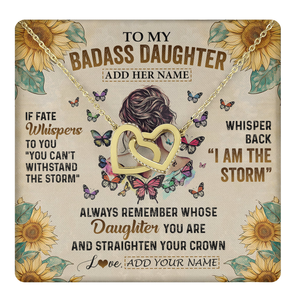 Interlocking Hearts Necklace 18K Yellow Gold Finish | 1 | Personalized To My Badass Daughter Necklace From Dad Mom Father I Am The Storm Daughter Gifts Birthday Graduation Christmas Customized Gift Box Message Card | teecentury