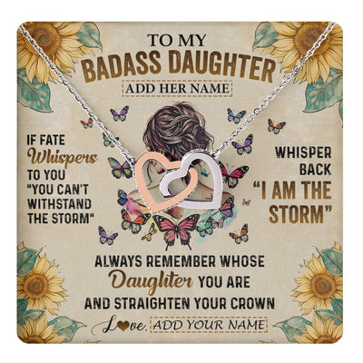 Interlocking Hearts Necklace Stainless Steel & Rose Gold Finish | 1 | Personalized To My Badass Daughter Necklace From Dad Mom Father I Am The Storm Daughter Gifts Birthday Graduation Christmas Customized Gift Box Message Card | teecentury