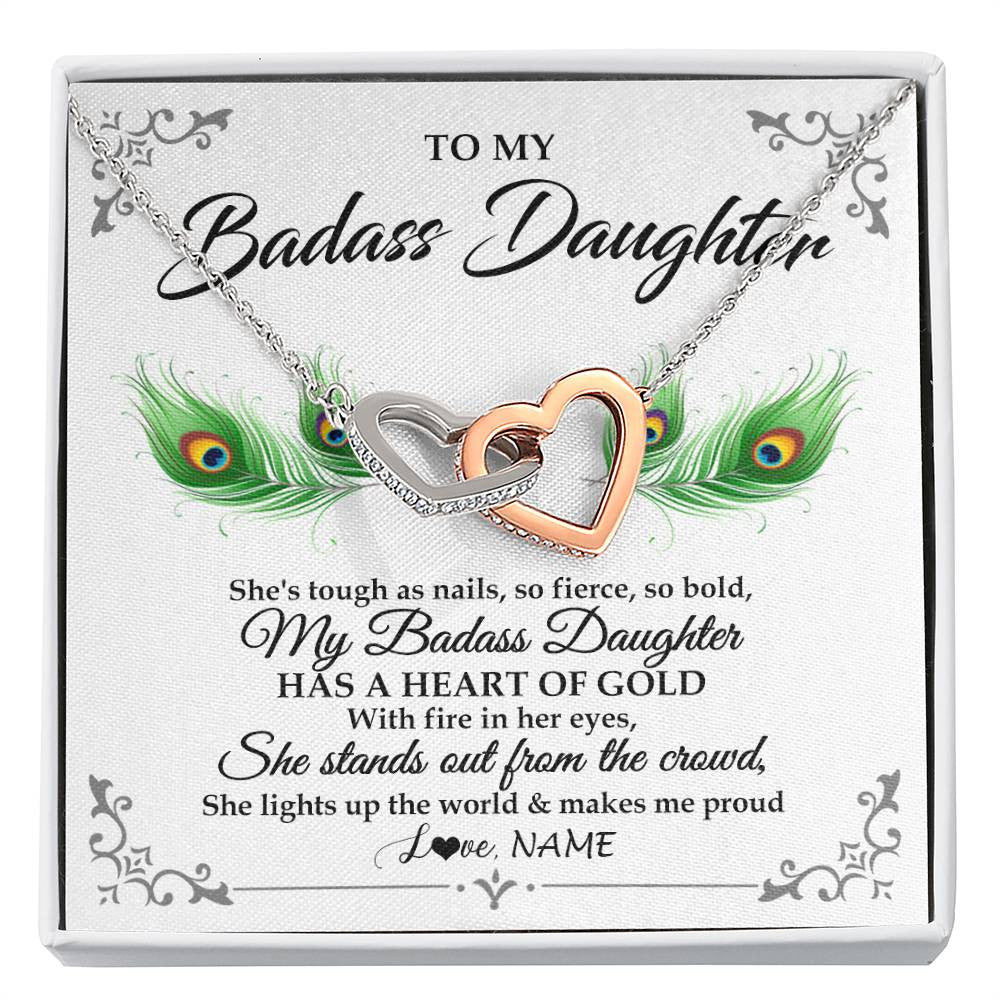 Interlocking Hearts Necklace Stainless Steel & Rose Gold Finish | 1 | Personalized To My Badass Daughter Necklace From Mom Dad Mother Father Love You Always Daughter Birthday Graduation Christmas Customized Gift Box Message Card | teecentury