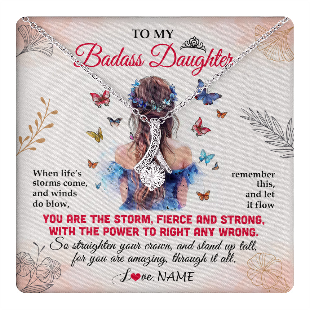 Alluring Beauty Necklace 14K White Gold Finish | 1 | Personalized To My Badass Daughter Necklace From Mom Dad Mother Floral Butterfly Daughter Birthday Gifts Graduation Christmas Customized Gift Box Message Card | teecentury