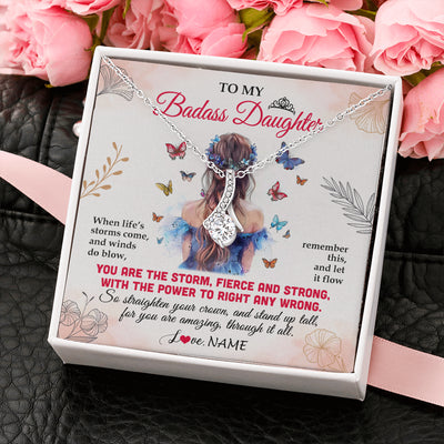 Alluring Beauty Necklace 14K White Gold Finish | 2 | Personalized To My Badass Daughter Necklace From Mom Dad Mother Floral Butterfly Daughter Birthday Gifts Graduation Christmas Customized Gift Box Message Card | teecentury