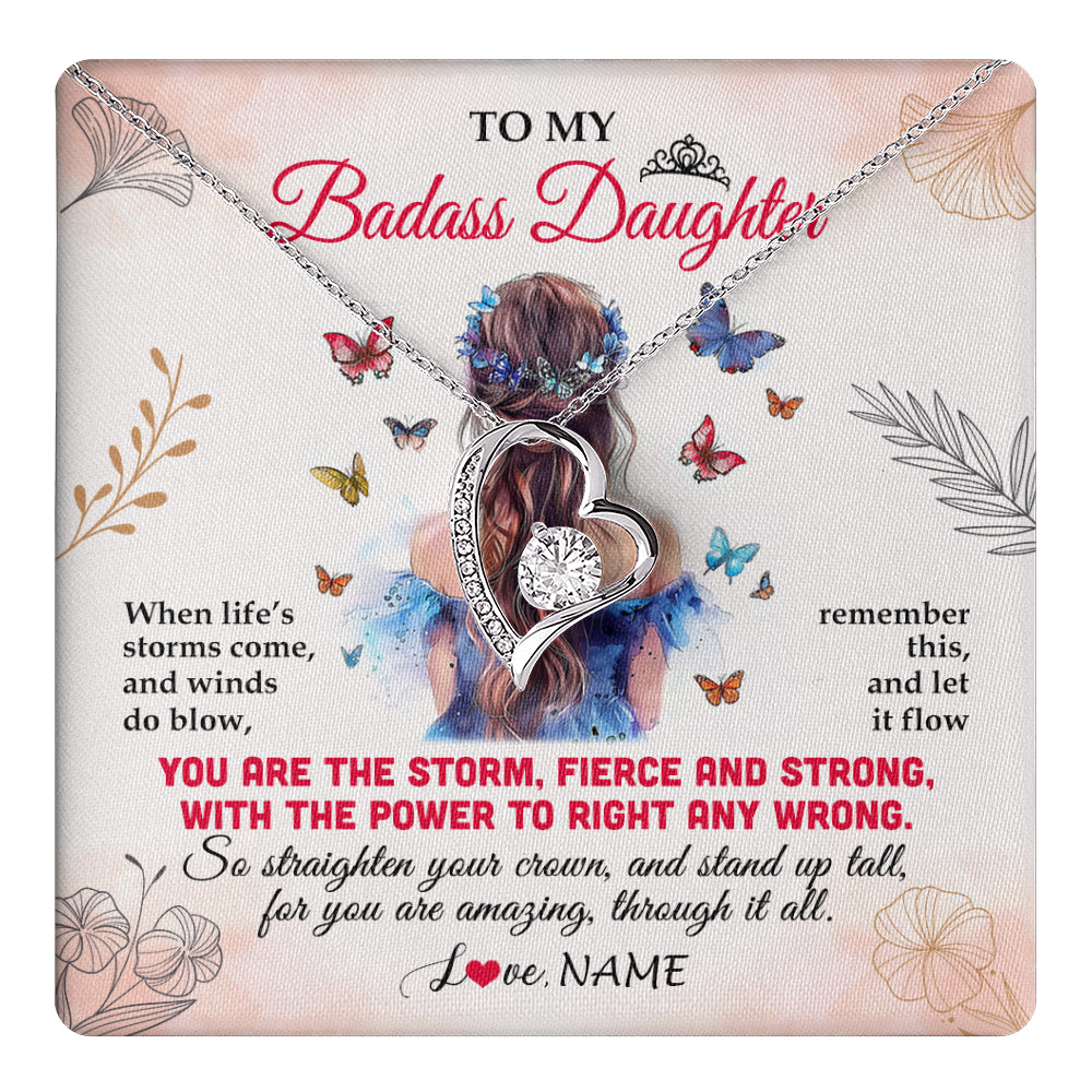 Forever Love Necklace 14K White Gold Finish | 1 | Personalized To My Badass Daughter Necklace From Mom Dad Mother Floral Butterfly Daughter Birthday Gifts Graduation Christmas Customized Gift Box Message Card | teecentury