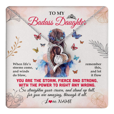 Forever Love Necklace 14K White Gold Finish | 1 | Personalized To My Badass Daughter Necklace From Mom Dad Mother Floral Butterfly Daughter Birthday Gifts Graduation Christmas Customized Gift Box Message Card | teecentury